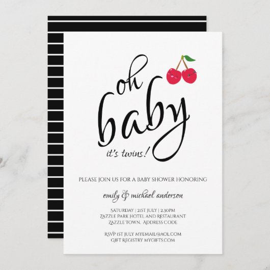 Es ist Twins Modern Typografy Cherry Baby Shower Einladung (Vorne/Hinten)
