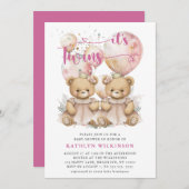 ES IST TWINS Pink Balloons Teddy Bears Baby Dusche Einladung (Vorne/Hinten)