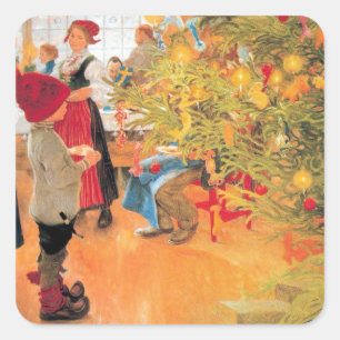 Es ist wieder Weihnachten - Junge, der Bäume betra Quadratischer Aufkleber