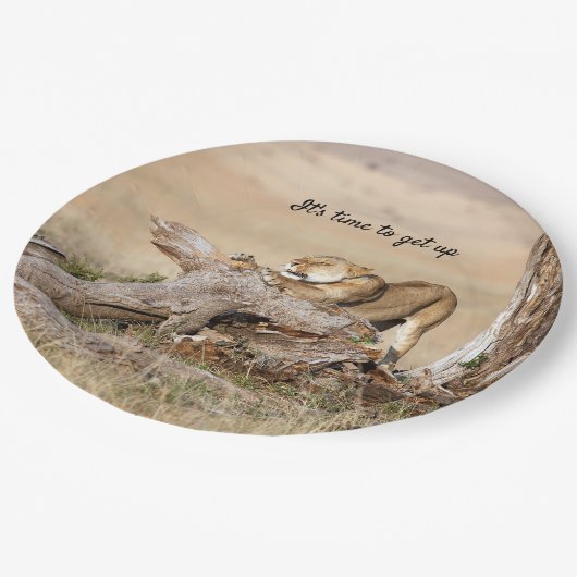 Es ist Zeit, Lion Foto mit Text aufzustehen Pappteller (Schrägansicht)