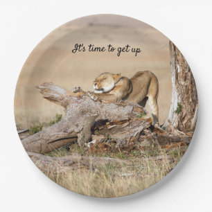 Es ist Zeit, Lion Foto mit Text aufzustehen Pappteller