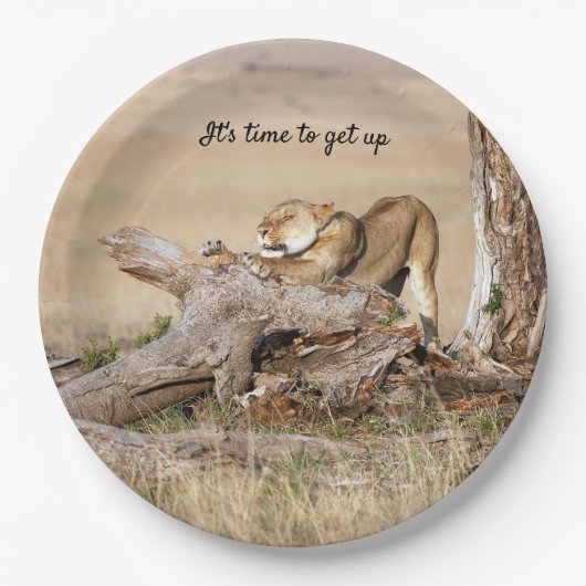 Es ist Zeit, Lion Foto mit Text aufzustehen Pappteller (Vorderseite)