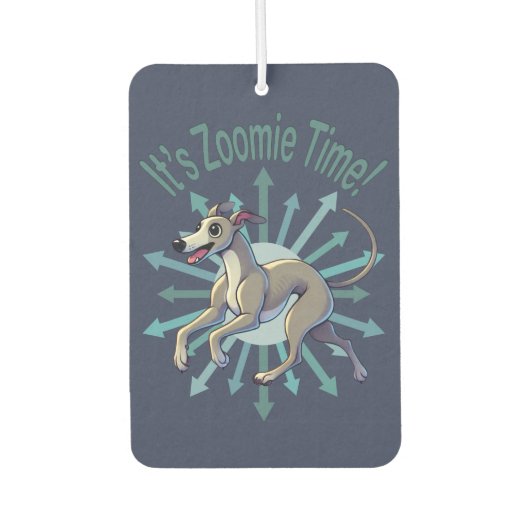 Es ist Zoomie Time Greyhound Autolufterfrischer (Vorderseite)