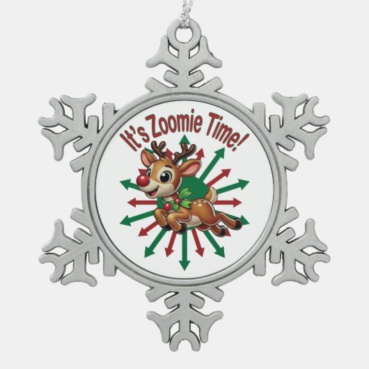 "Es ist Zoomie Time! Weihnachtsmann Schneeflocken Zinn-Ornament (Vorderseite)