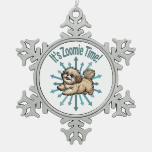 Es ist Zoomie Zeit Shih Tzu Schneeflocken Zinn-Ornament