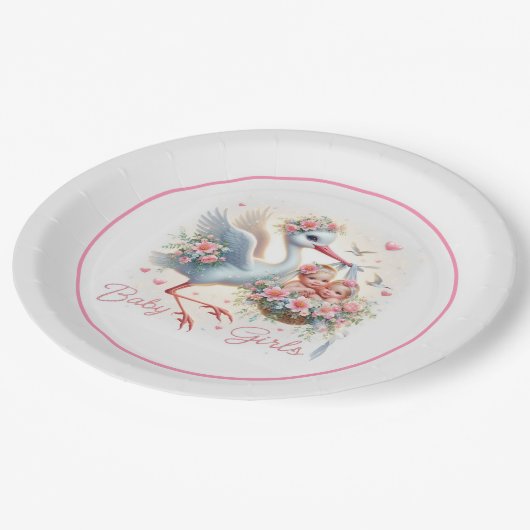 Es ist Zwillingsmädchen mit Stork, Baby Girls und Pappteller (Schrägansicht)