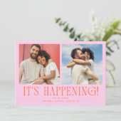 Es passiert 2-Foto Orange Rosa Hochzeit Save The Date (Stehend Vorderseite)