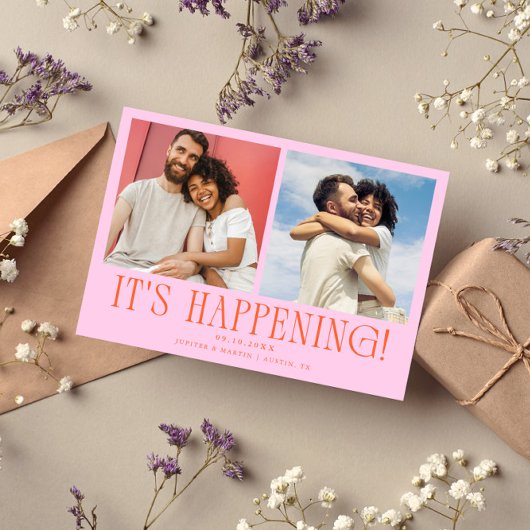 Es passiert 2-Foto Orange Rosa Hochzeit Save The Date