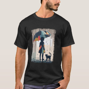 Es regnet Mädchen und zornige Katze mit Regenschir T-Shirt