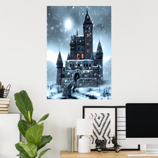 Es schneit auf dem Schloss | AI Art Poster (Heimbüro)