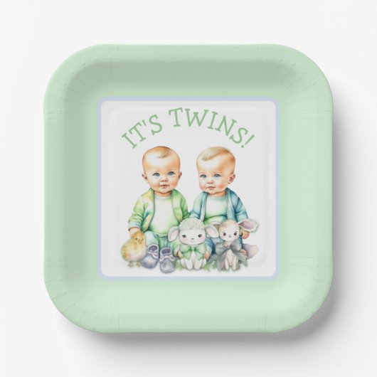 Es sind Zwillinge! Niedlich Junge Zwillinge Kinder Pappteller (Vorderseite)