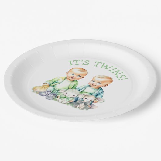 Es sind Zwillinge! Niedlich Junge Zwillinge Kinder Pappteller (Schrägansicht)
