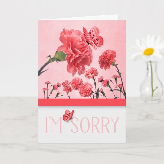 Es tut mir leid, dass rosa Nelken mit Schmetterlin Karte (Kleine Pflanze)