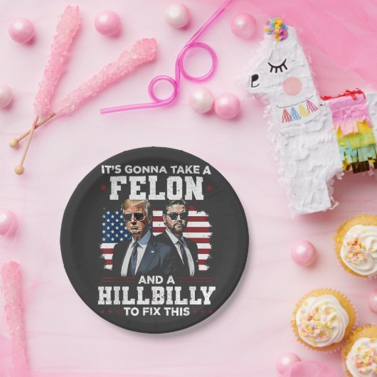 Es wird Trump Vance mit Felon und Hügel einnehmen Pappteller (Party)