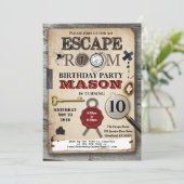 Escape Room Mystery löst Herausforderung Geburtsta Einladung (Stehend Vorderseite)