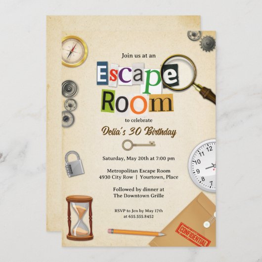 Escape Room Party Einladung (Vorne/Hinten)