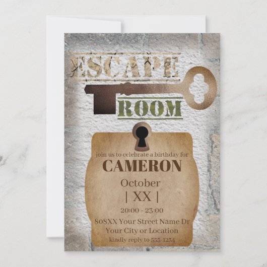 Escape Room Party Lock und Key Concrete and Bricks Einladung (Vorderseite)