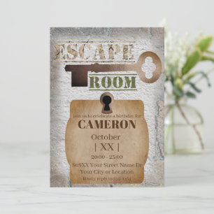 Escape Room Party Schloss und Schlüssel Beton und Einladung