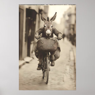 Esel fährt Fahrrad Kunst Lustiges Tier Vintage-Fot Poster