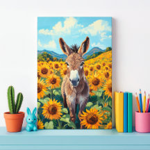 Esel im Sonnenblumenfeld Leinwanddruck