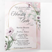 Español English Flores Rosas Pink Blume Dreifach Gefaltete Einladung (Innen Erste Seite)