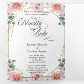 Español English Peonias Rosas Pink Peonies Dreifach Gefaltete Einladung (Innen Erste Seite)