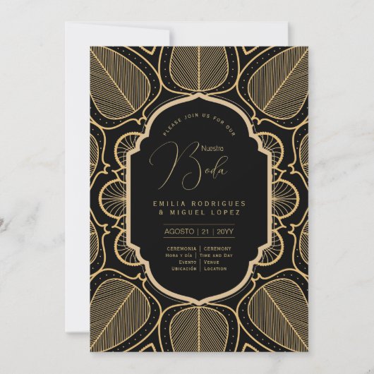 Espanol Invitación Boda Elegante Black Gold Weddin Einladung (Vorderseite)