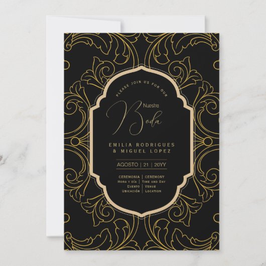 Espanol Invitación Boda Elegante Black Gold Weddin Einladung (Vorderseite)