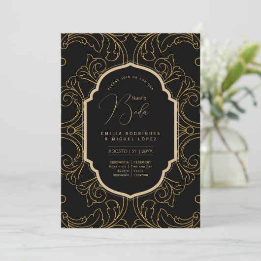 Espanol Invitación Boda Elegante Black Gold Weddin Einladung (Stehend Vorderseite)