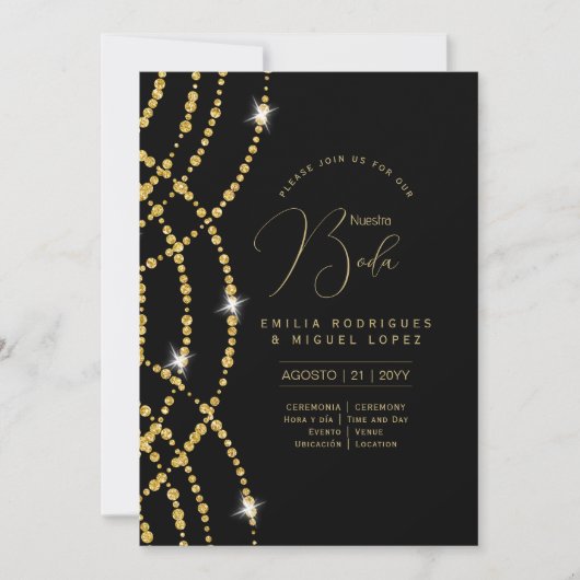 Espanol Invitación Boda Elegante Black Gold Weddin Einladung (Vorderseite)
