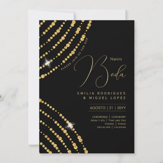 Espanol Invitación Boda Elegante Black Gold Weddin Einladung (Vorderseite)