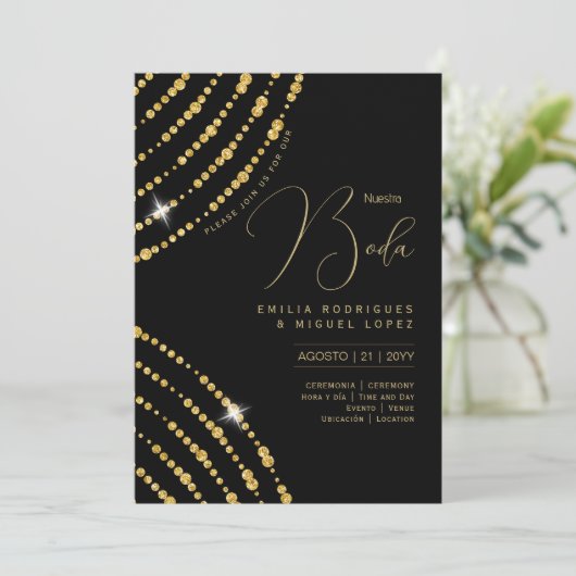 Espanol Invitación Boda Elegante Black Gold Weddin Einladung (Stehend Vorderseite)