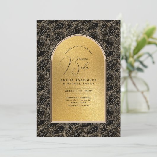 Espanol Invitación Boda Elegante Black Gold Weddin Einladung (Stehend Vorderseite)