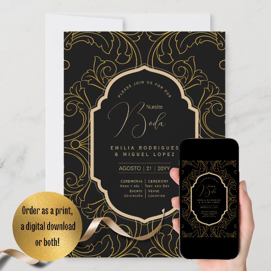 Espanol Invitación Boda Elegante Black Gold Weddin Einladung