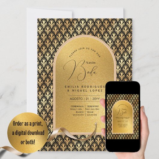 Espanol Invitación Boda Elegante Black Gold Weddin Einladung
