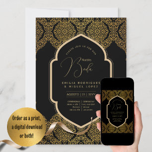 Espanol Invitación Boda Elegante Black Gold Weddin Einladung