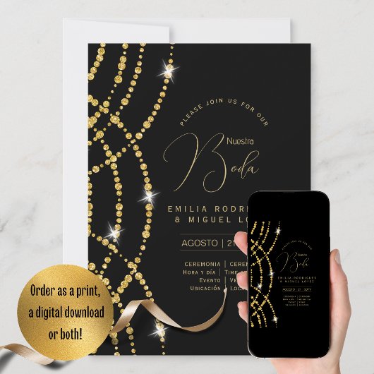 Espanol Invitación Boda Elegante Black Gold Weddin Einladung