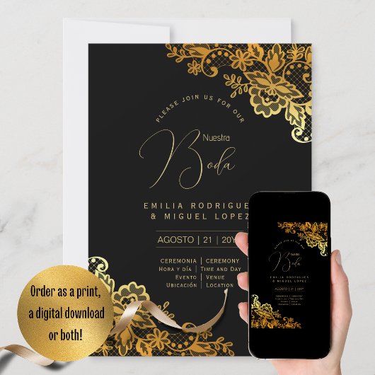 Espanol Invitación Boda Elegante Black Gold Weddin Einladung