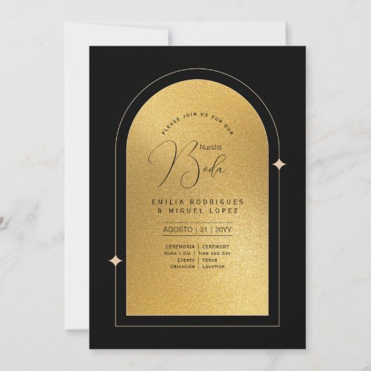 Espanol Invitación Boda Elegante Black Gold Weddin Einladung (Vorderseite)