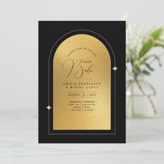 Espanol Invitación Boda Elegante Black Gold Weddin Einladung (Stehend Vorderseite)