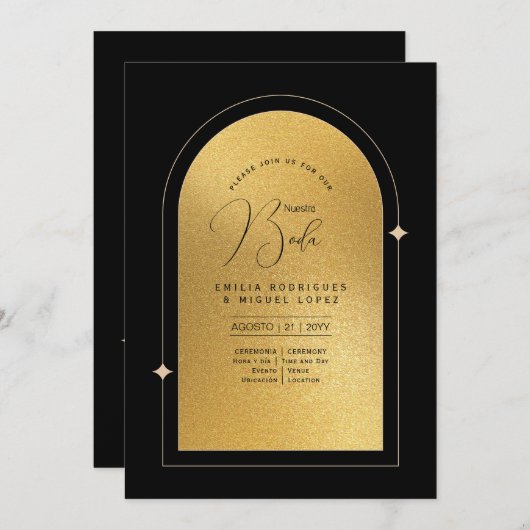Espanol Invitación Boda Elegante Black Gold Weddin Einladung (Vorne/Hinten)