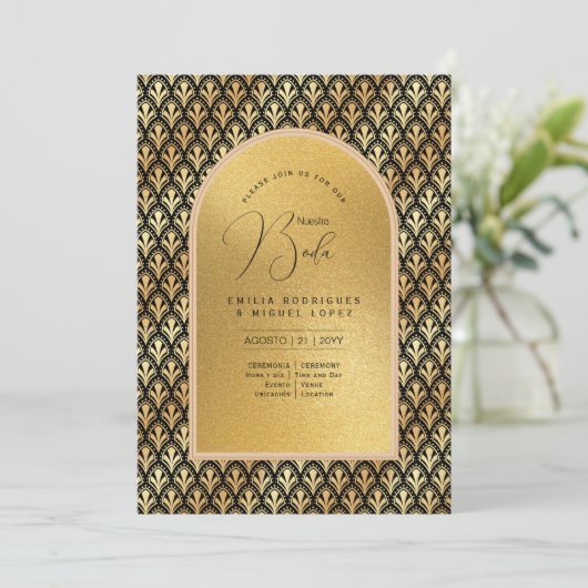 Espanol Invitación Boda Elegante Black Gold Weddin Einladung (Stehend Vorderseite)