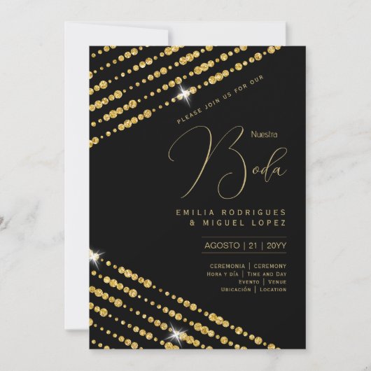 Espanol Invitación Boda Elegante Black Gold Weddin Einladung (Vorderseite)
