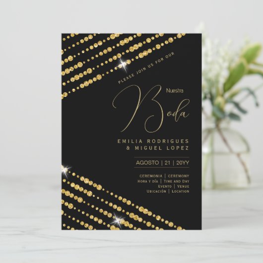Espanol Invitación Boda Elegante Black Gold Weddin Einladung (Stehend Vorderseite)