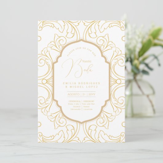 Espanol Invitación Boda Elegante White Gold Weddin Einladung (Stehend Vorderseite)