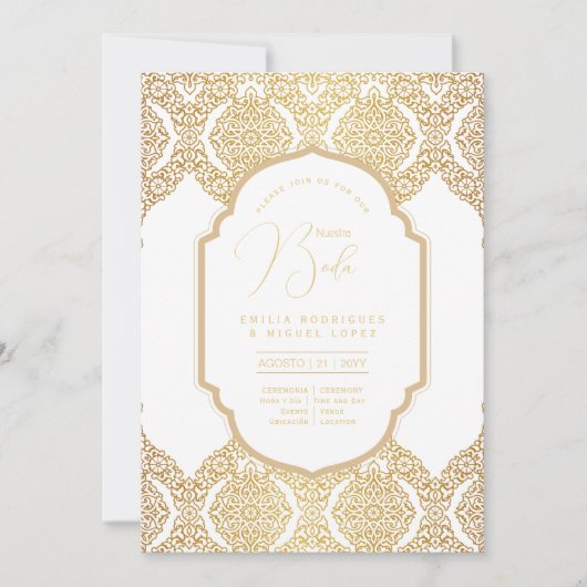 Espanol Invitación Boda Elegante White Gold Weddin Einladung (Vorderseite)