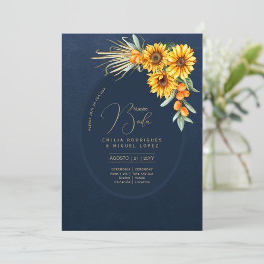 Espanol Invitación Boda Rustic Blue Sunflores Einladung (Stehend Vorderseite)