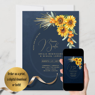Espanol Invitación Boda Rustic Blue Sunflores Einladung