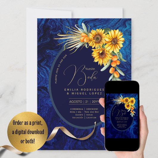 Espanol Invitación Boda Rustic Blue Sunflowers Inv Einladung