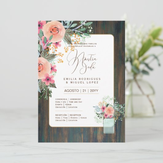 Espanol Invitación de Boda Floral Wedding Rustic I Einladung (Stehend Vorderseite)